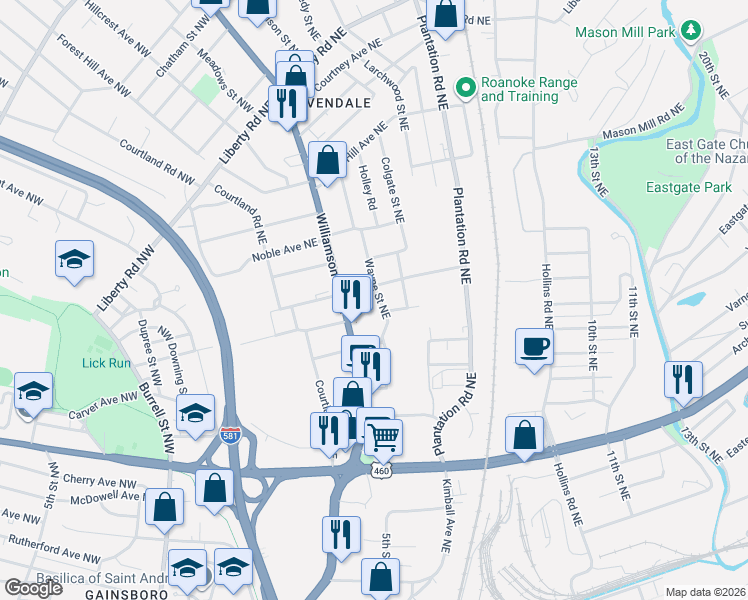 map of restaurants, bars, coffee shops, grocery stores, and more near 303 Thurston Avenue Northeast in Roanoke
