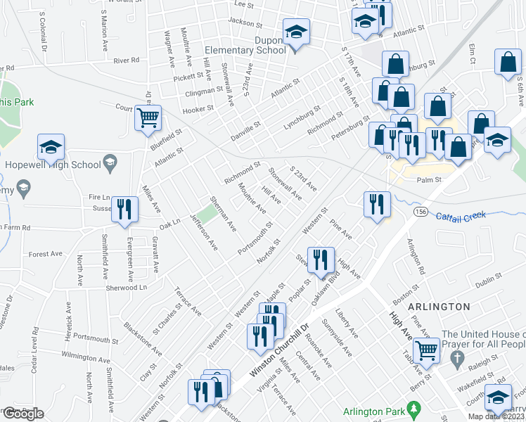 map of restaurants, bars, coffee shops, grocery stores, and more near 2602 Suffolk Street in Hopewell