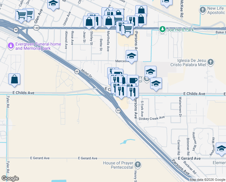 map of restaurants, bars, coffee shops, grocery stores, and more near West Childs Avenue in Merced
