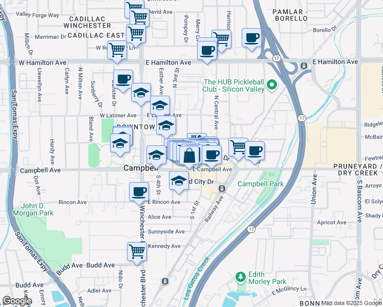 map of restaurants, bars, coffee shops, grocery stores, and more near 109 North 1st Street in Campbell