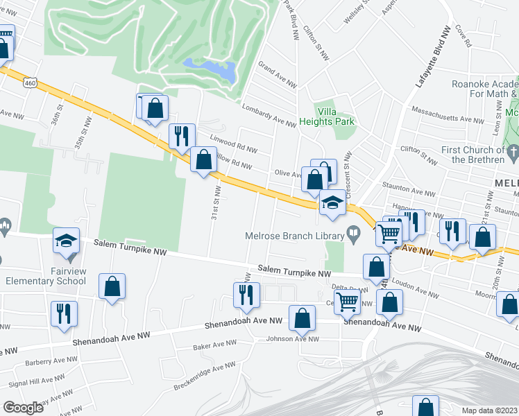 map of restaurants, bars, coffee shops, grocery stores, and more near 837 30th Street Northwest in Roanoke