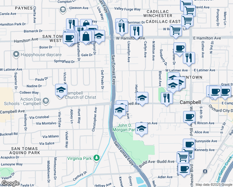 map of restaurants, bars, coffee shops, grocery stores, and more near 568 Latimer Circle in Campbell