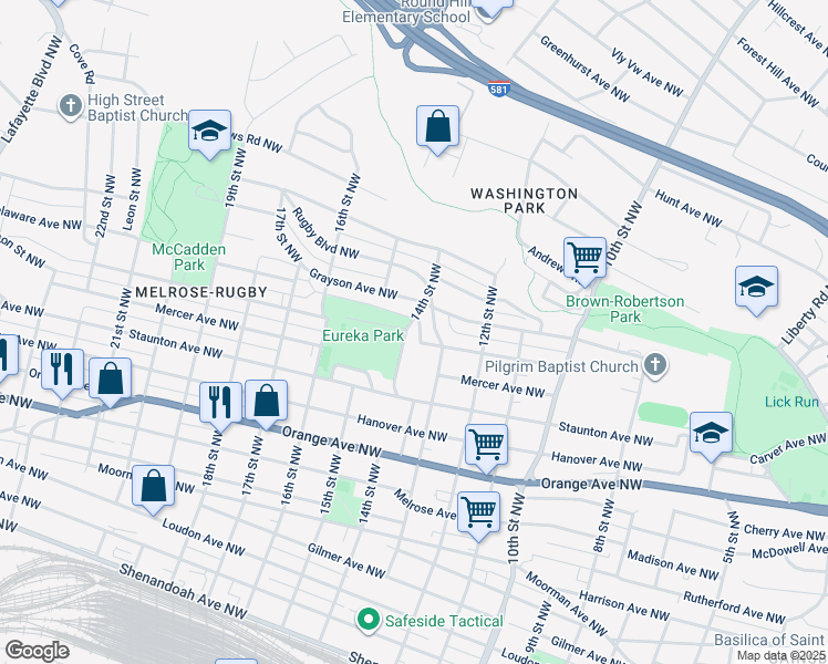 map of restaurants, bars, coffee shops, grocery stores, and more near 1307 14th Street Northwest in Roanoke