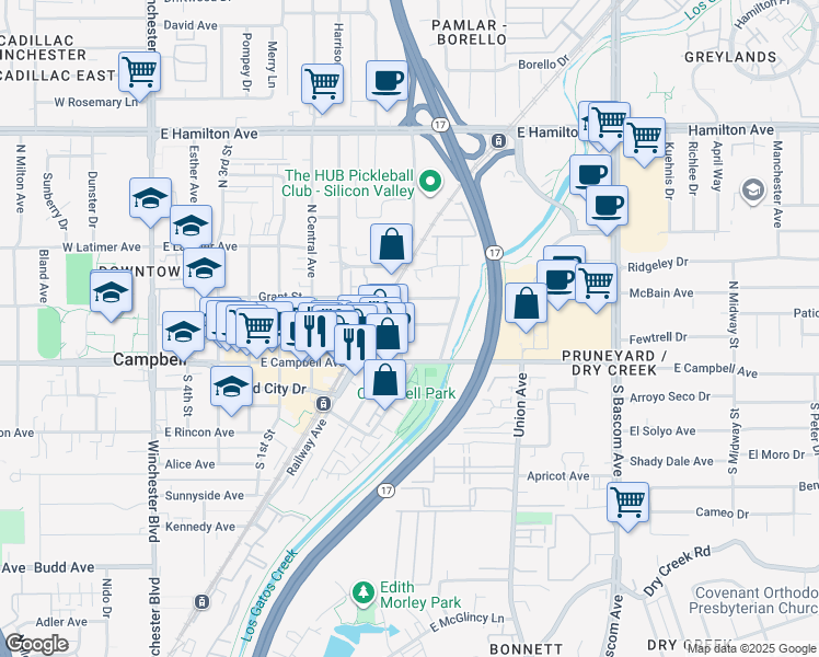 map of restaurants, bars, coffee shops, grocery stores, and more near 68 Page Street in Campbell