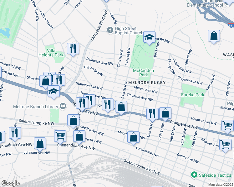 map of restaurants, bars, coffee shops, grocery stores, and more near 2120 Staunton Ave NW in Roanoke