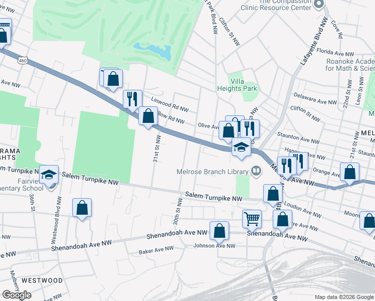 map of restaurants, bars, coffee shops, grocery stores, and more near 848 30th Street Northwest in Roanoke