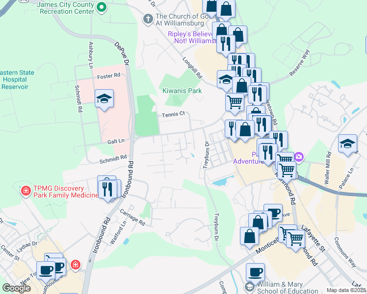 map of restaurants, bars, coffee shops, grocery stores, and more near 1001 Settlement Drive in Williamsburg