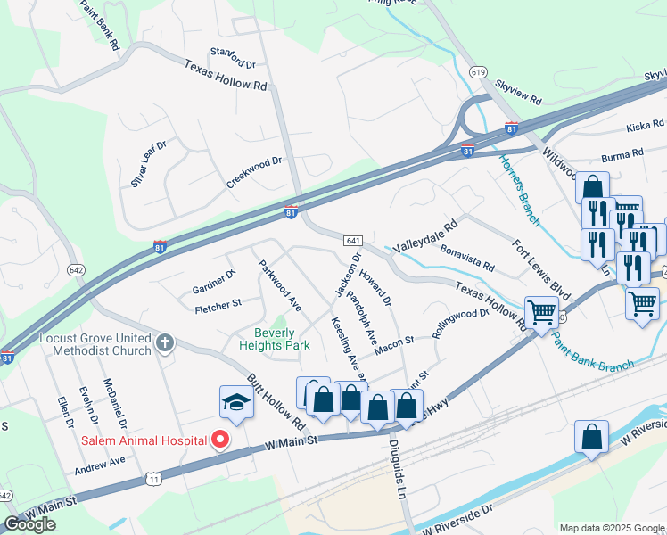 map of restaurants, bars, coffee shops, grocery stores, and more near 315 Howard Drive in Salem