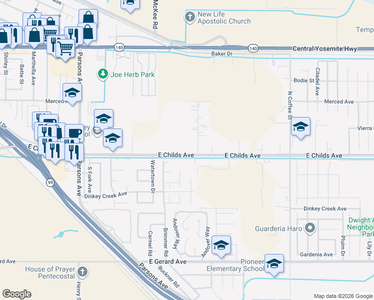 map of restaurants, bars, coffee shops, grocery stores, and more near 2415 East Childs Avenue in Merced