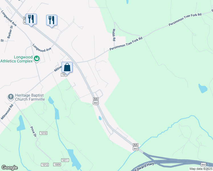 map of restaurants, bars, coffee shops, grocery stores, and more near Pine Ridge Lane in Farmville