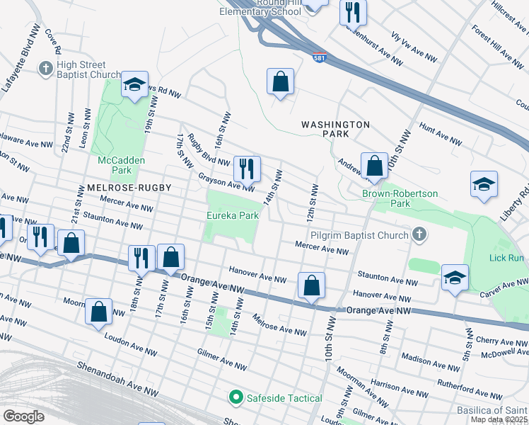 map of restaurants, bars, coffee shops, grocery stores, and more near 1307 14th Street Northwest in Roanoke