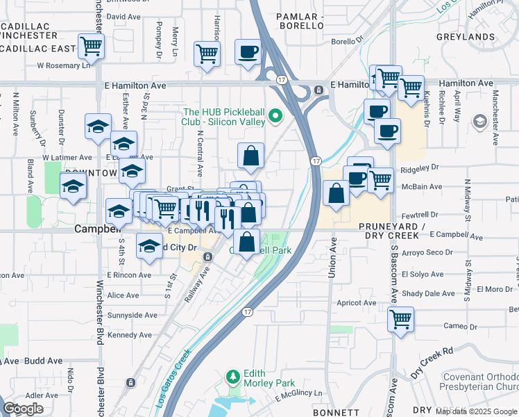 map of restaurants, bars, coffee shops, grocery stores, and more near 68 Page Street in Campbell