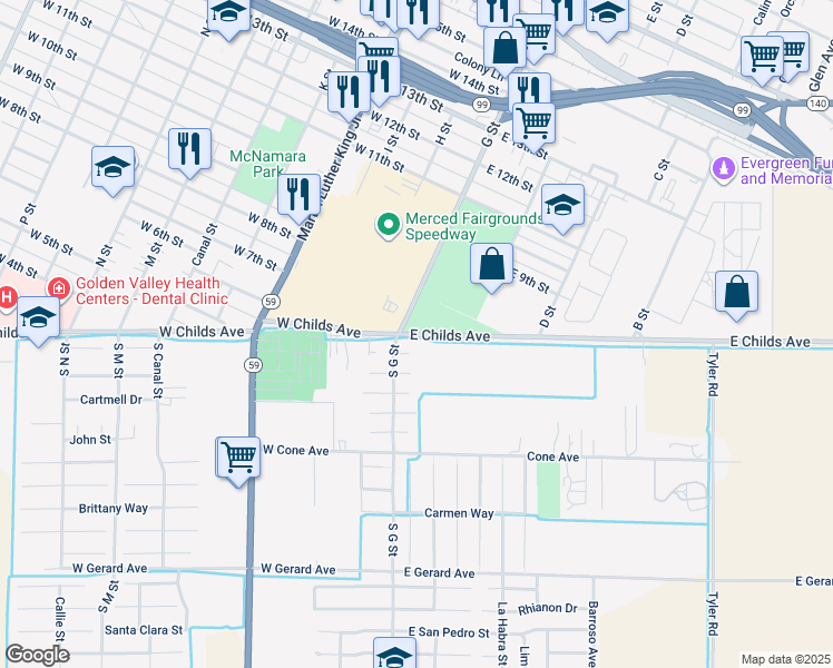 map of restaurants, bars, coffee shops, grocery stores, and more near 3144 East Childs Avenue in Merced