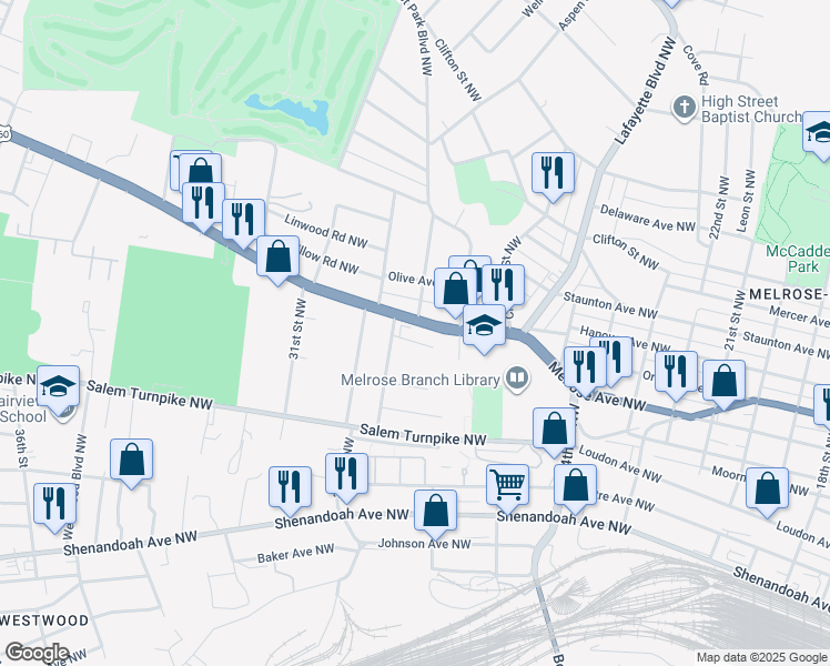 map of restaurants, bars, coffee shops, grocery stores, and more near 733-899 29th St NW in Roanoke