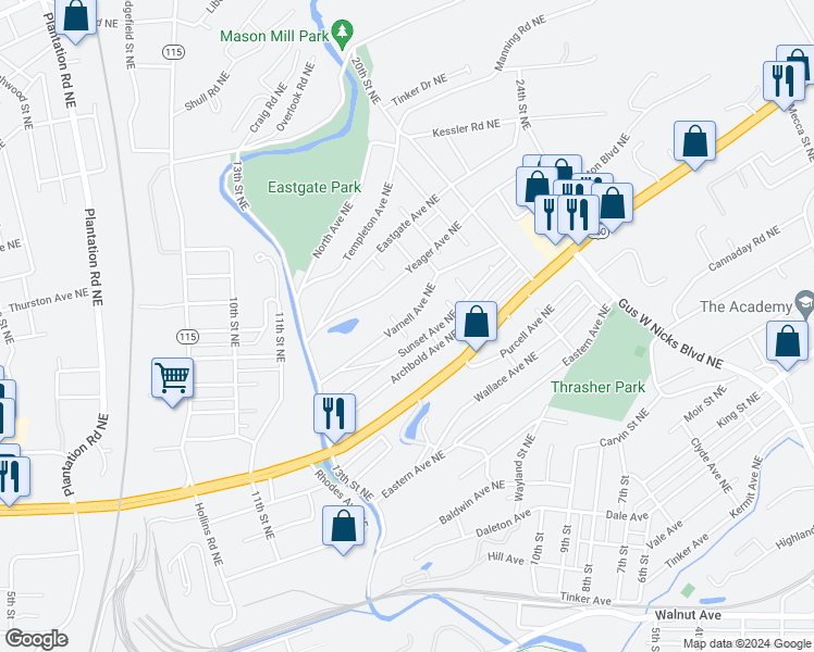 map of restaurants, bars, coffee shops, grocery stores, and more near 1415 15th Street Northeast in Roanoke