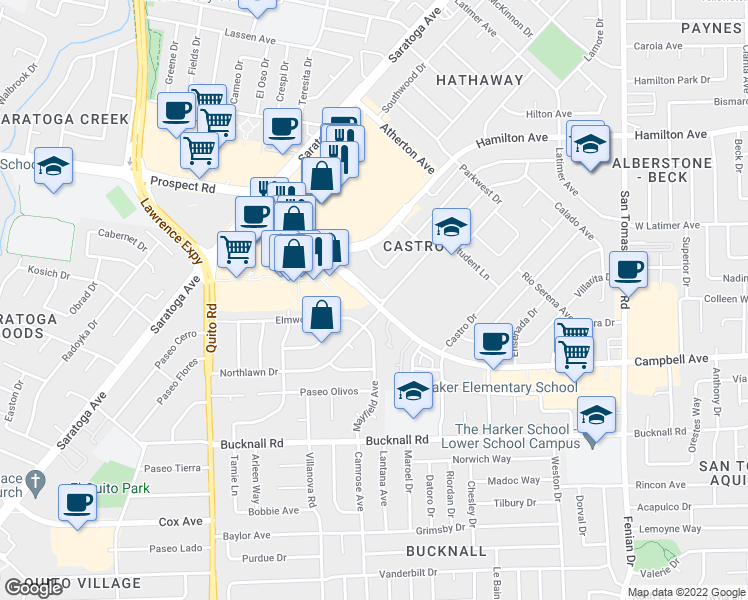 map of restaurants, bars, coffee shops, grocery stores, and more near 4901 W Campbell Ave in San Jose