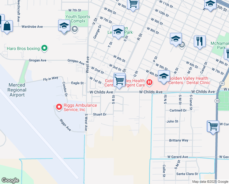 map of restaurants, bars, coffee shops, grocery stores, and more near 0 South R Street in Merced
