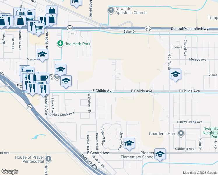 map of restaurants, bars, coffee shops, grocery stores, and more near 2415 East Childs Avenue in Merced