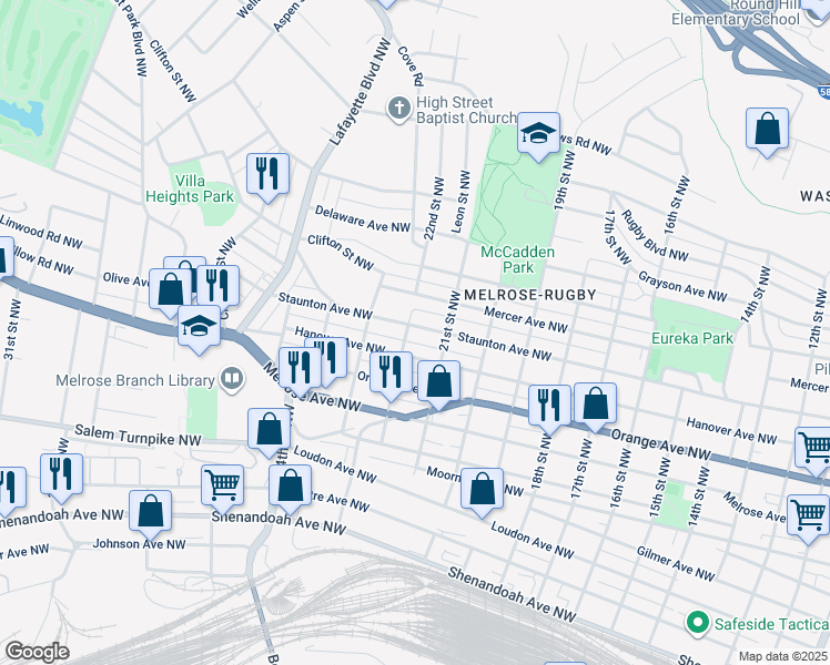 map of restaurants, bars, coffee shops, grocery stores, and more near 2126 Staunton Avenue Northwest in Roanoke