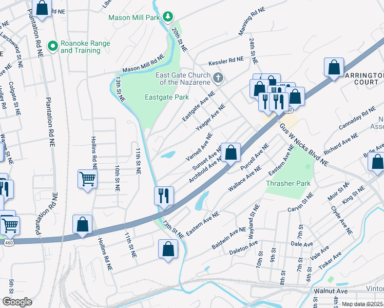 map of restaurants, bars, coffee shops, grocery stores, and more near 1460 Varnell Avenue Northeast in Roanoke