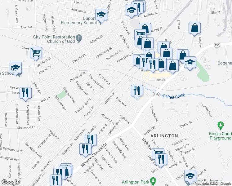 map of restaurants, bars, coffee shops, grocery stores, and more near 2406 Western Street in Hopewell