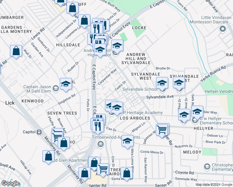 map of restaurants, bars, coffee shops, grocery stores, and more near 3436 Gemini Lane in San Jose