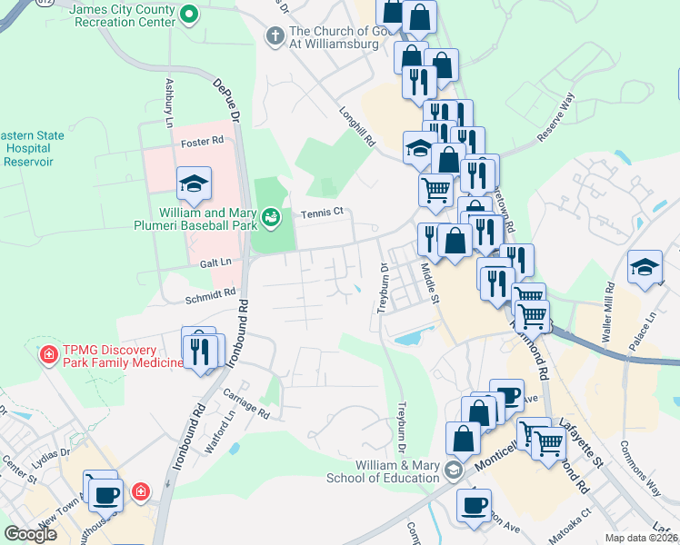 map of restaurants, bars, coffee shops, grocery stores, and more near 1001 Settlement Drive in Williamsburg