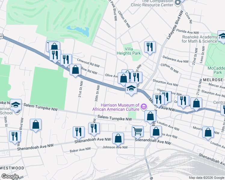 map of restaurants, bars, coffee shops, grocery stores, and more near 733-899 29th St NW in Roanoke