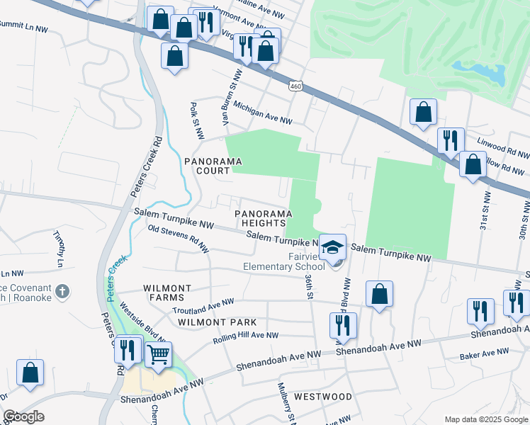 map of restaurants, bars, coffee shops, grocery stores, and more near 3716 Panorama Avenue Northwest in Roanoke