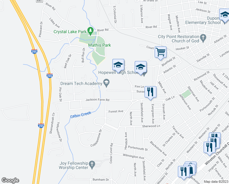 map of restaurants, bars, coffee shops, grocery stores, and more near 3504 Sussex Drive in Hopewell