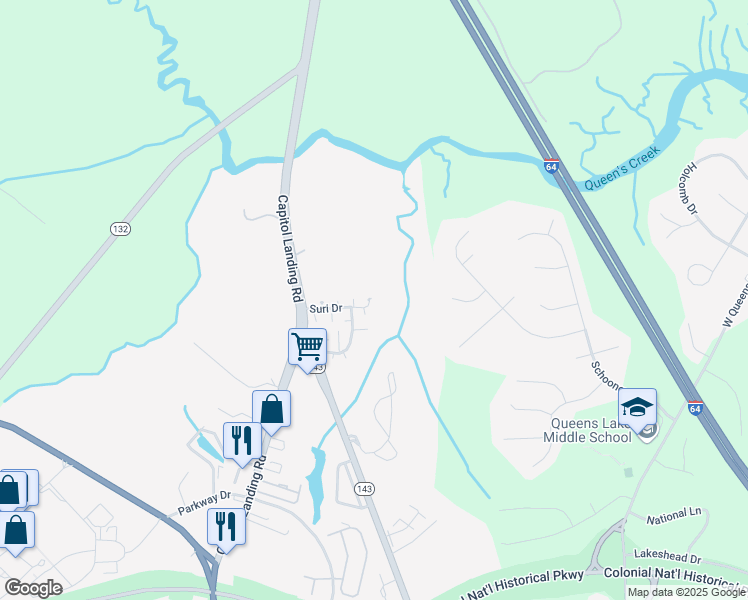 map of restaurants, bars, coffee shops, grocery stores, and more near 521 Suri Drive in Williamsburg