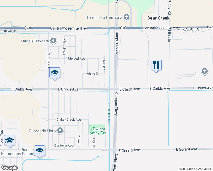 map of restaurants, bars, coffee shops, grocery stores, and more near 30 Hartley Court in Merced