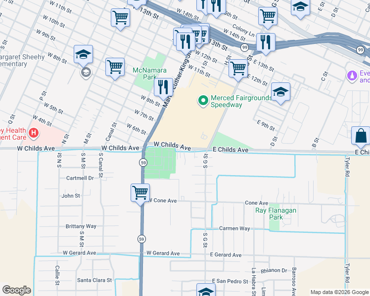 map of restaurants, bars, coffee shops, grocery stores, and more near 164 West Childs Avenue in Merced