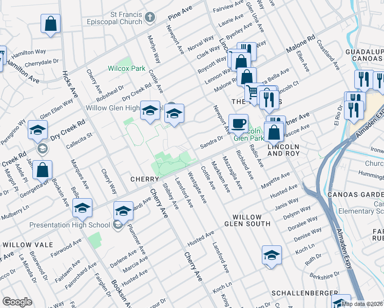 map of restaurants, bars, coffee shops, grocery stores, and more near 2201 Cottle Avenue in San Jose