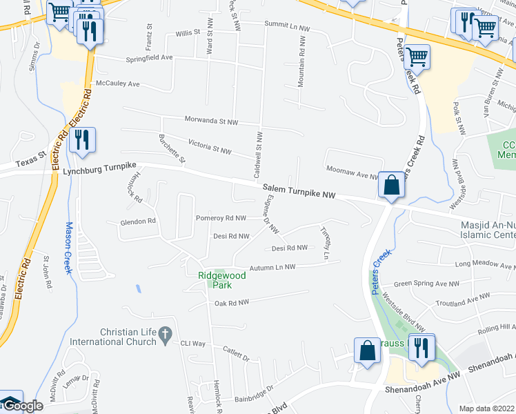 map of restaurants, bars, coffee shops, grocery stores, and more near 4916 Rowe Ridge Road Northwest in Roanoke