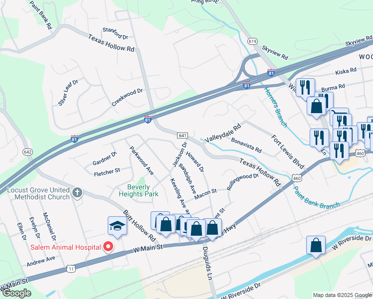 map of restaurants, bars, coffee shops, grocery stores, and more near 2619 Jackson Drive in Salem
