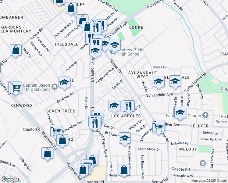 map of restaurants, bars, coffee shops, grocery stores, and more near 3436 Gemini Lane in San Jose