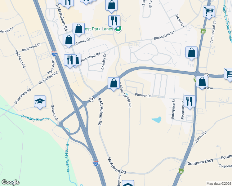 map of restaurants, bars, coffee shops, grocery stores, and more near 623 South Silver Springs Road in Cape Girardeau