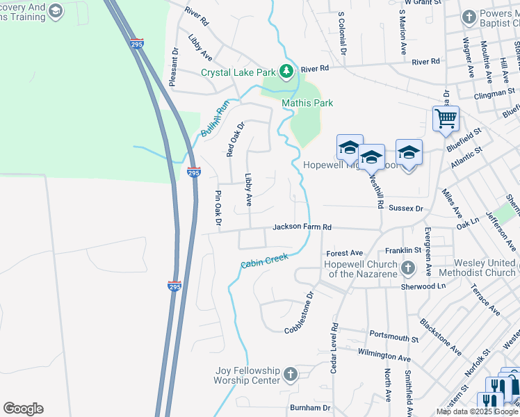 map of restaurants, bars, coffee shops, grocery stores, and more near 3615 Settlers Lane in Hopewell