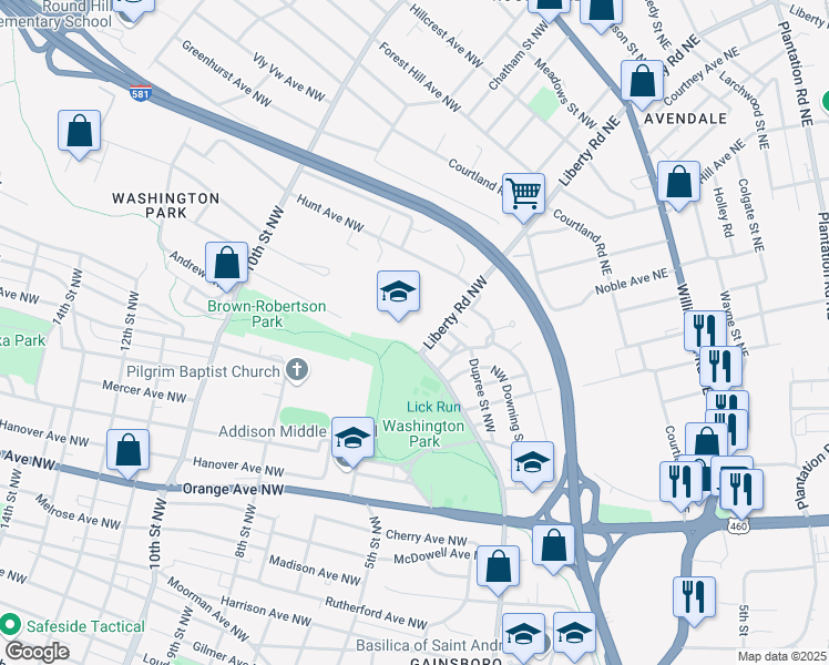 map of restaurants, bars, coffee shops, grocery stores, and more near 1802 Liberty Road Northwest in Roanoke