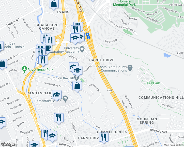 map of restaurants, bars, coffee shops, grocery stores, and more near 2620 Villa Cortona Way in San Jose