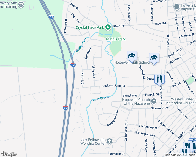 map of restaurants, bars, coffee shops, grocery stores, and more near 3615 Settlers Lane in Hopewell