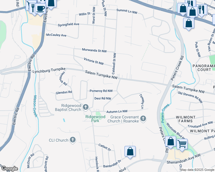 map of restaurants, bars, coffee shops, grocery stores, and more near 4924 Rowe Ridge Road Northwest in Roanoke