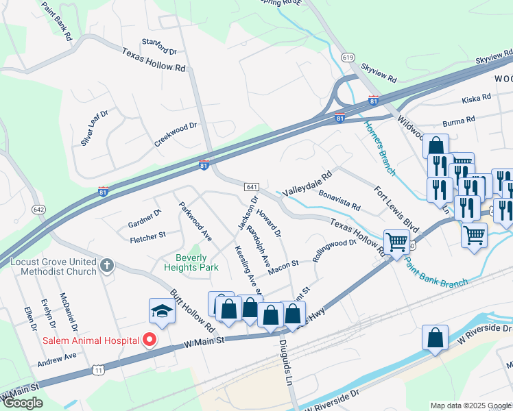 map of restaurants, bars, coffee shops, grocery stores, and more near 2619 Jackson Drive in Salem