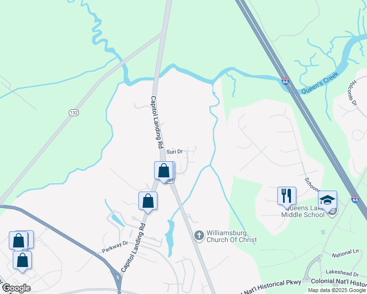 map of restaurants, bars, coffee shops, grocery stores, and more near 317 Suri Drive in Williamsburg