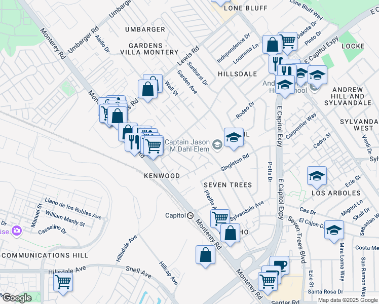 map of restaurants, bars, coffee shops, grocery stores, and more near 94 Kenbrook Circle in San Jose