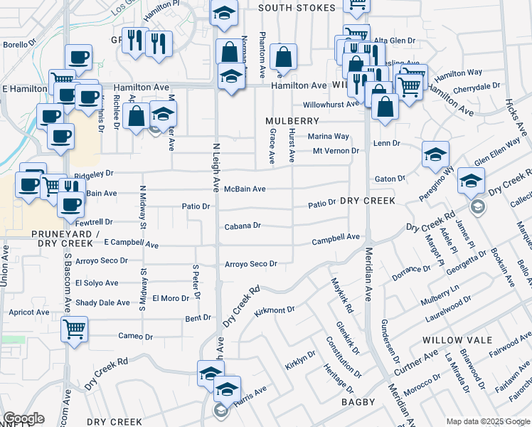 map of restaurants, bars, coffee shops, grocery stores, and more near 1870 Patio Drive in San Jose