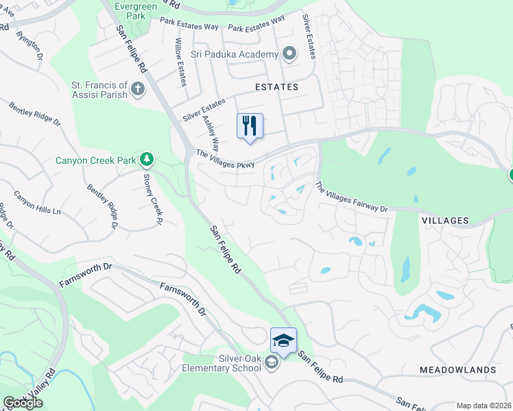 map of restaurants, bars, coffee shops, grocery stores, and more near 3319 Lake Albano Circle in San Jose