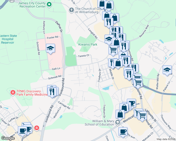 map of restaurants, bars, coffee shops, grocery stores, and more near 1001 Settlement Drive in Williamsburg