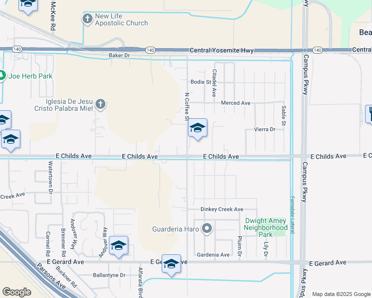 map of restaurants, bars, coffee shops, grocery stores, and more near 39 North Coffee Street in Merced